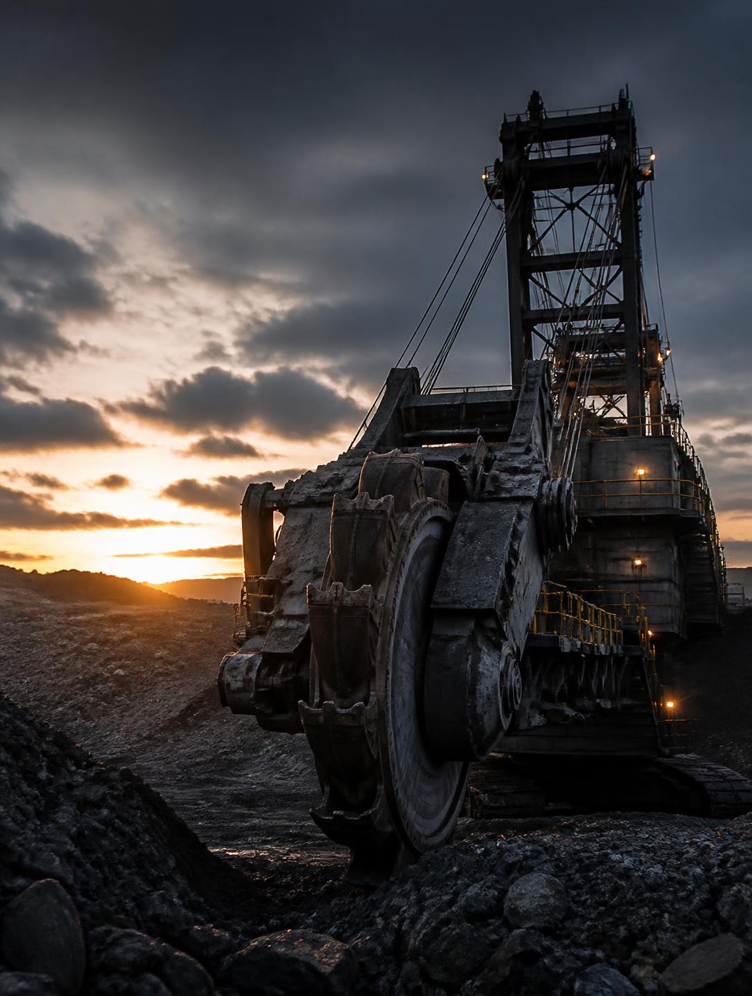 Excavadora de gran tonelaje operando al amanecer en un frente de trabajo en Chile